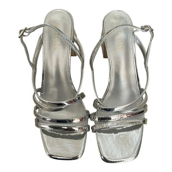 Sexrosly Silver Strappy Block Heel Sandals NWOT - Picture 3 of 5